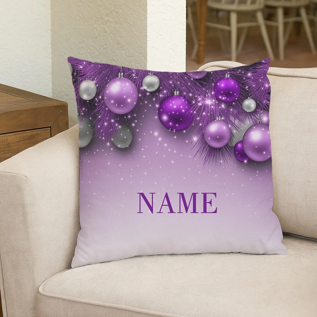 1 personalized Christmas season pillow with custom name, text, purple gold sparkling flower wreath with sparkling ball, zipper