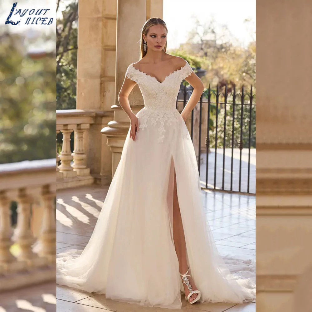 

Off Shoulder Classic Wedding Dress A-line High Slit Appliques Tulle Bridal Gowns Sweetheart Elegant vestidos de novia Customized