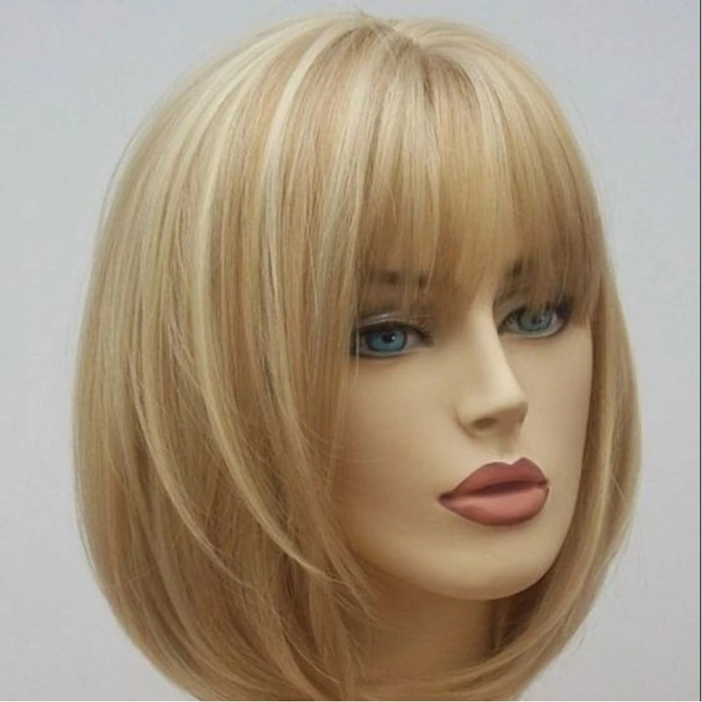 Women Synthetic Short Mixed Blonde Bob Wig With Bangs Hair Cosplay Costume Halloween Party Daily Wig Heat Resistant