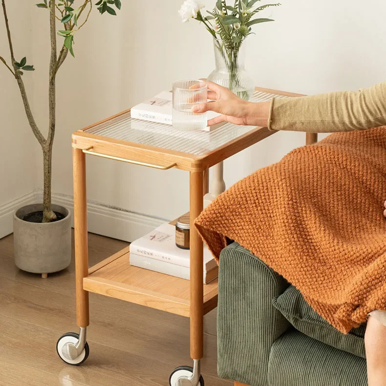 Tavolo con bordo in legno massello in stile giapponese, divano mobile, tavolino trolley con ruote, tavolo da tè medievale in legno di ciliegio