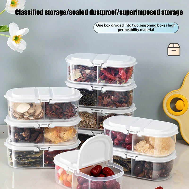 1pc 2 Grid Food Storage Box Kitchen Organizer Container Set Vacuumed Lid Airtight Transparent Square For Dry Legume Spice