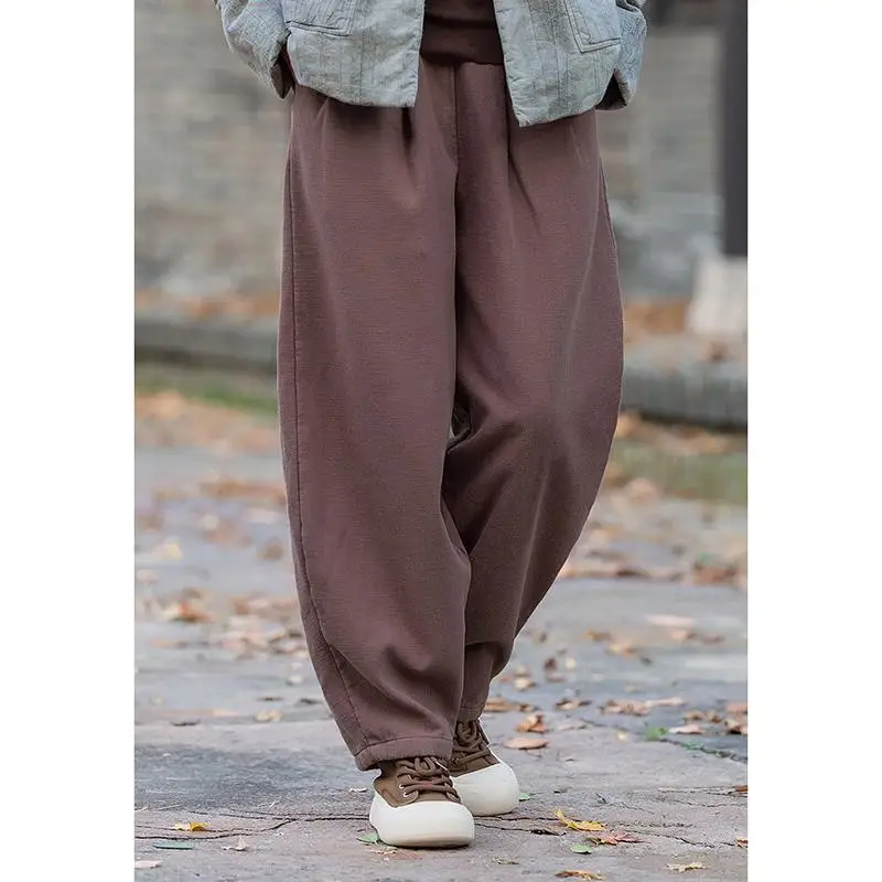 2025 New Autumn/winter Women Vintage Thickened Cotton Linen Ankle-length Pants Casual Loose Elastic Waist Bloomers Pants Y93