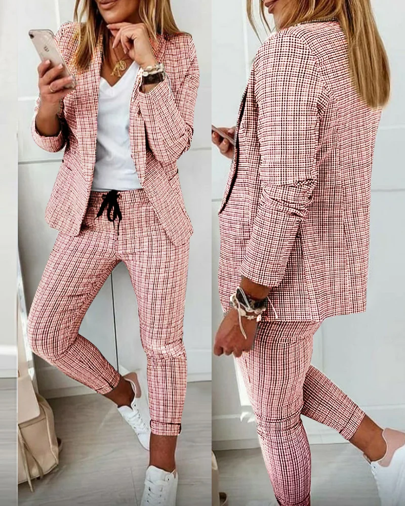 Moda donna due pezzi Set abiti 2023 autunno donna Turn Down stampa Blazer cappotto coulisse pantaloni vestito donna Casual Set