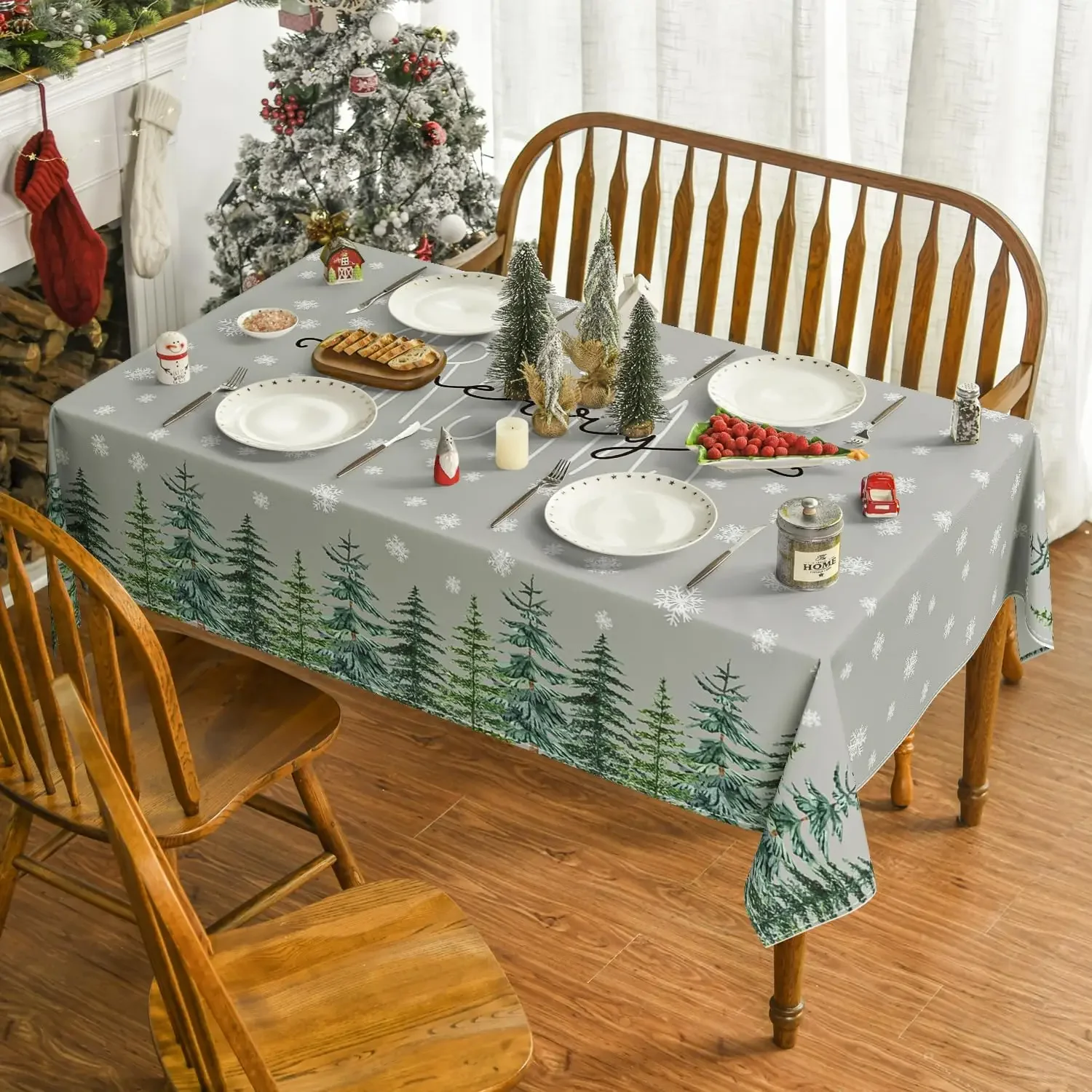 Christmas Snow Trees Grey Waterproof Tablecloth Holiday Party Decor Winter Xmas Kitchen Dining Tablelcoth Christmas Decorations