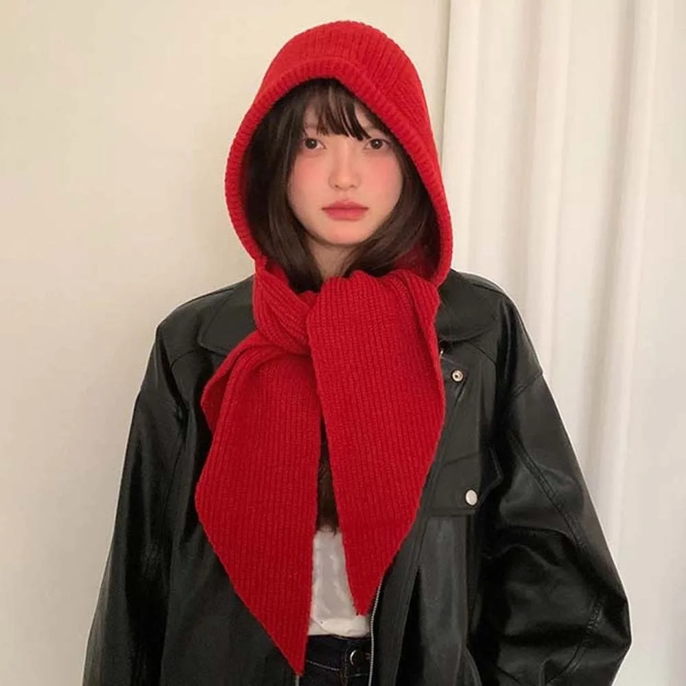 

Acrylic Fibers Knitted Hooded Cap Soft Ear Protection Neck Collar Beanies Cap Thickened Triangular Winter Neckerchief Hat Autumn