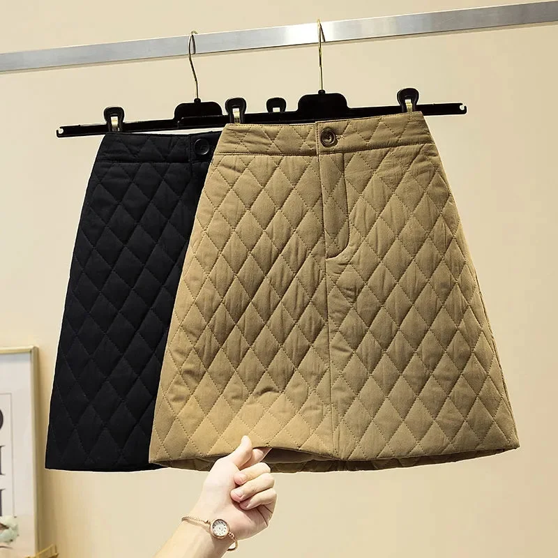 Women Fashion Down Cotton Skirt 2025 Spring Autumn Winter New Khaki Plaid A-line Skirt High Waist Thick Short Midi Skirt Female