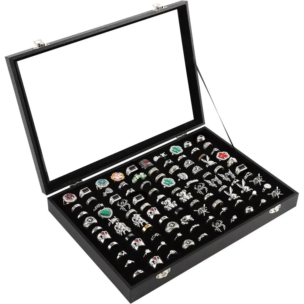 

Jewelry Ring Organizer Box with Glass Lid - 100-Slot Black Velvet Display Case for Rings