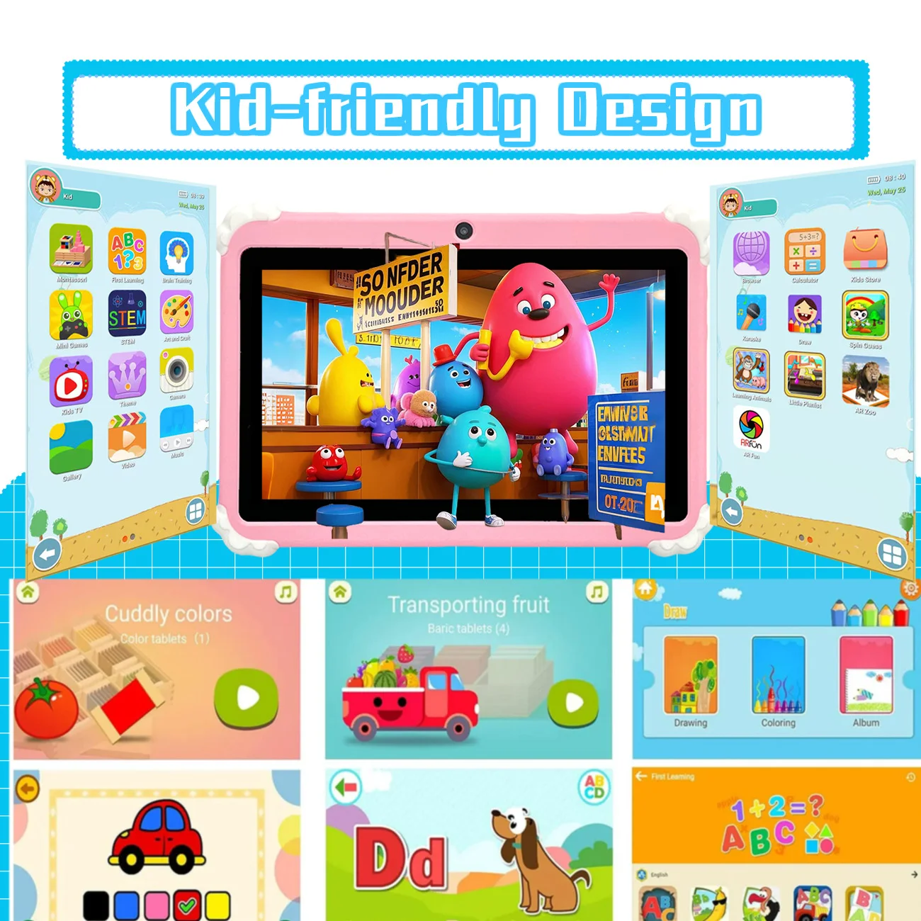 Novo tablet de 7 polegadas com câmera dupla de proteção infantil, tablet para Android 12, presentes infantis para Natal e aniversário