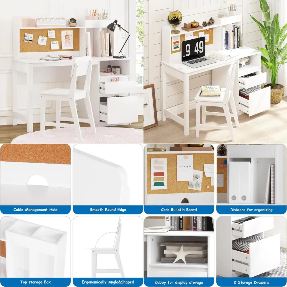 

Children's Wooden Study Desk with Storage and Hutch, Ideal for Ages 5-12, Ergonomic Learning Furniture