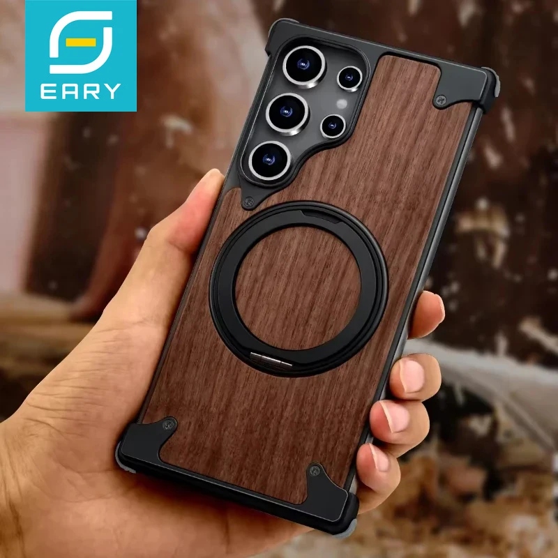 

Eary Premium Wood Phone Case for Samsung Galaxy S25 S24 Ultra With Magsafe 360° Rotation Ring Stand Frameless Protective Bumper