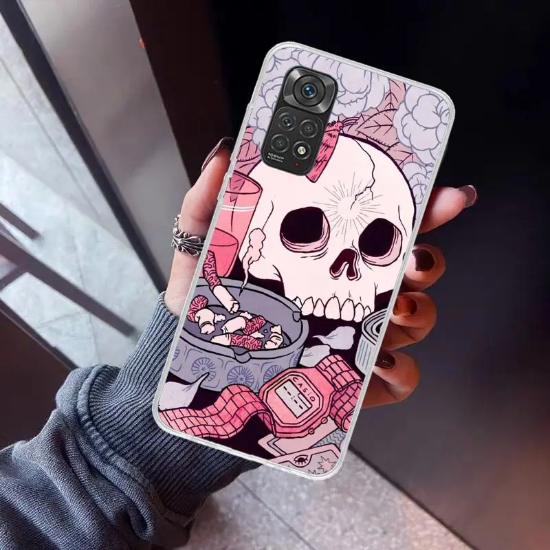 Pink Cat Skull Sorceress Witch Phone Case for Xiaomi Redmi Note 13 12S 12 11S 11 11E 11T 10S 10 Pro Plus 9 9S 8 8T 7 5G Soft Cov