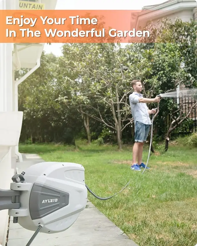 Retractable Garden Hose Reel,1/2 in x 100 ft Wall Mounted Hose Reel, with 9- Function Sprayer Nozzle