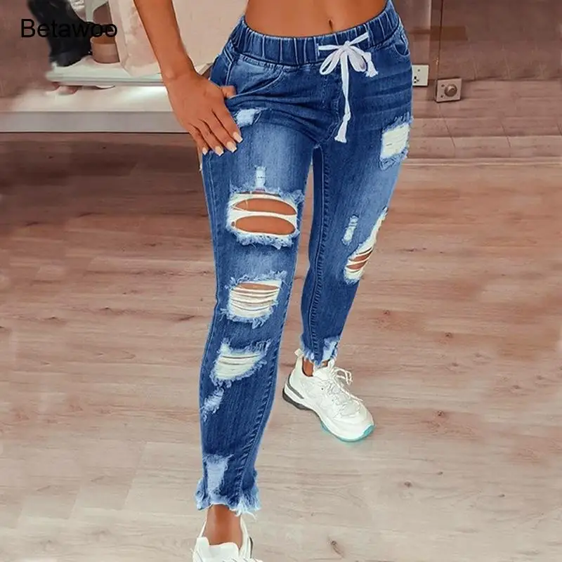 

Women's Elastic Waist Ripped Skinny Jeans Drawstring Frayed Hem Denim Pants
