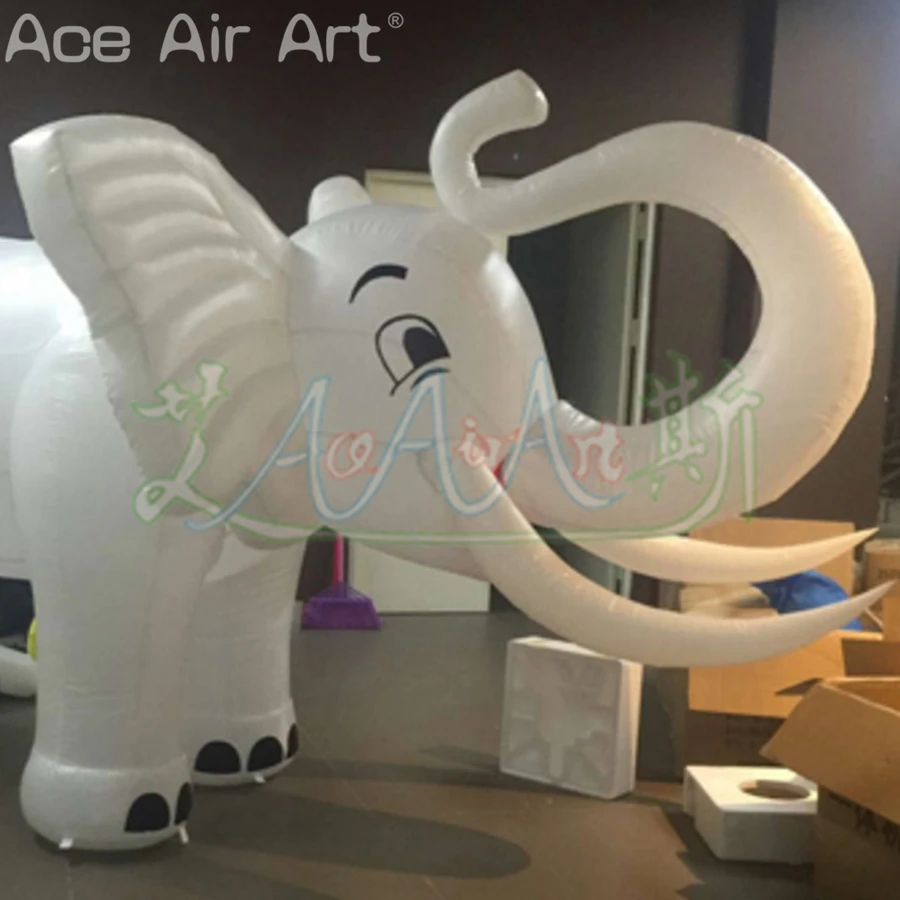 

Lovely Promotional Outdoor Large White Inflatable Cartoon Elephant Model with White Ivory for Advertising Festival Decoration