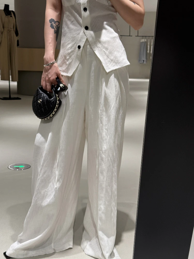 

Chier High Waist Wide Leg Pants Loose Comfortable Linen Long Pants Women Slimming Effect Floor Length Casual Trousers