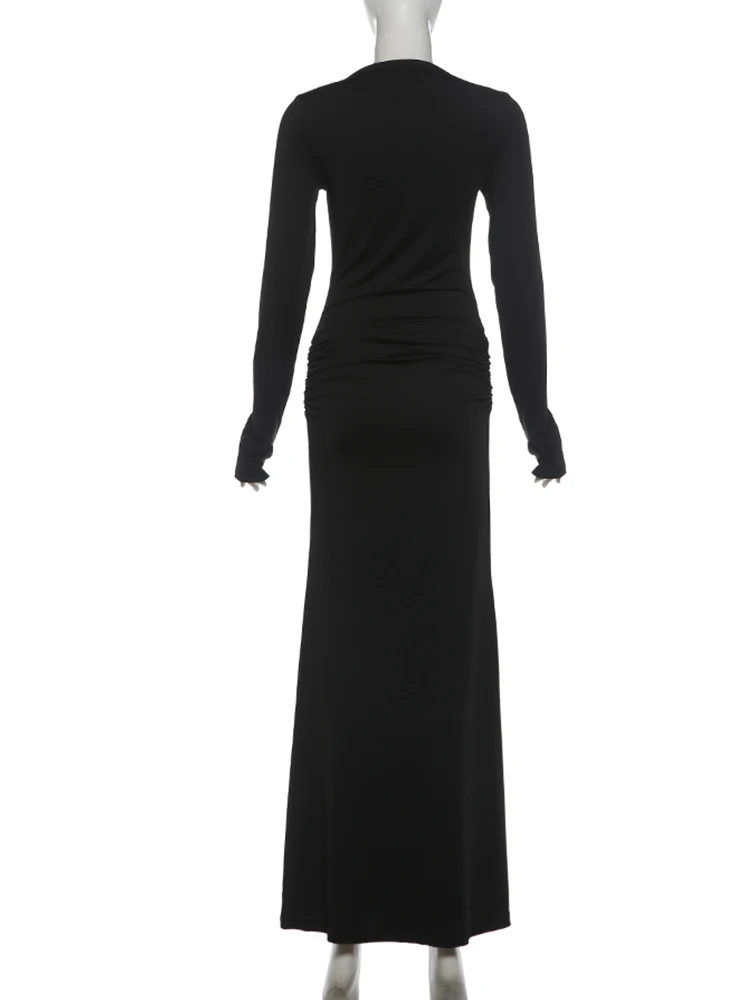 Weird Puss Elegantes Kleid mit Raffungen für Damen, Herbst-Trend, O-Ausschnitt, lange Ärmel, tailliert, figurbetont, Stretch, lässiger Alltagsstil, langes Bodycon-Kleid – Detail 5