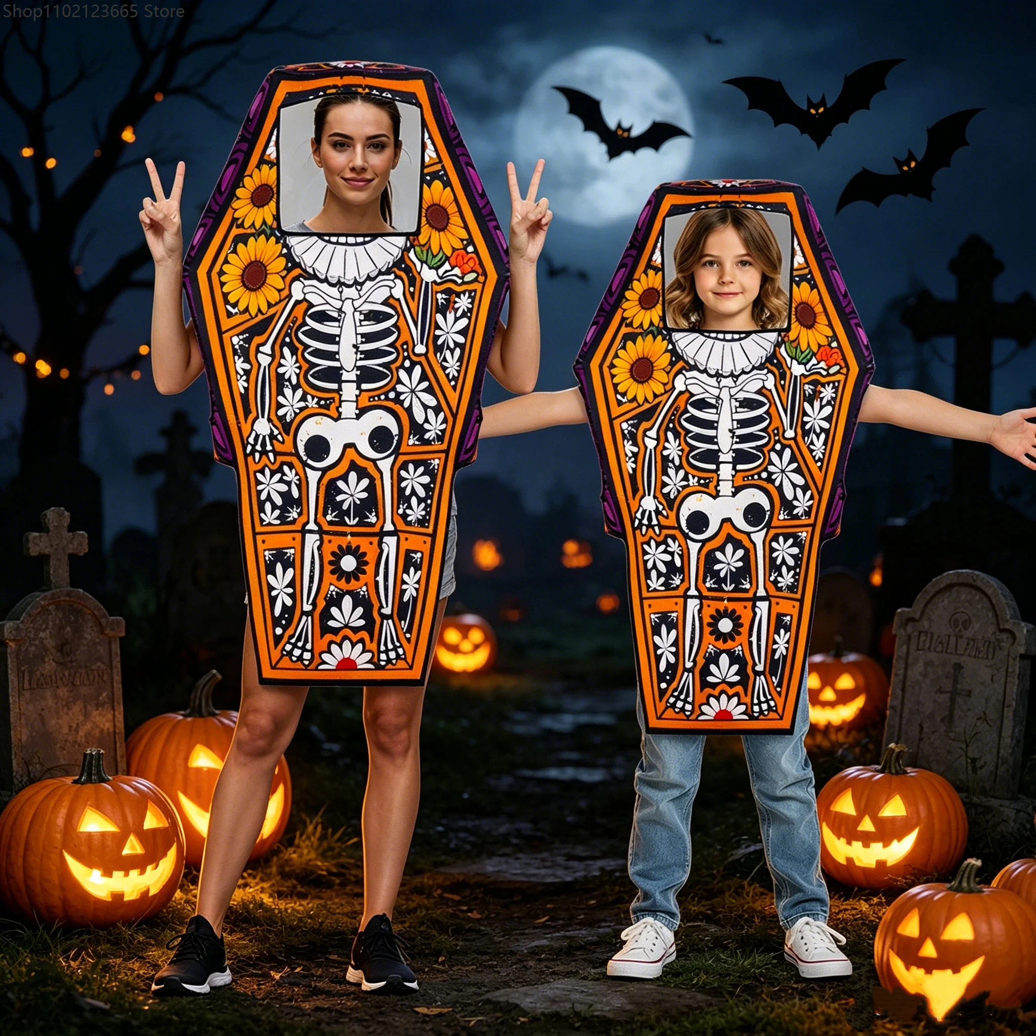 

Coffin Skeleton Cosplay Set Sunflower Costume Familia Adult Enfant Halloween Carnival Party Mexican Dia De Muertos Fancy Outfit