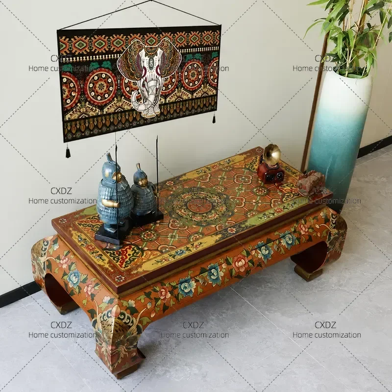 Tibetan Style Solid Wood Coffee Table Ethnic Vintage Low Table Creative Kang Desk Tatami Tea Table for Living Room Home Decor