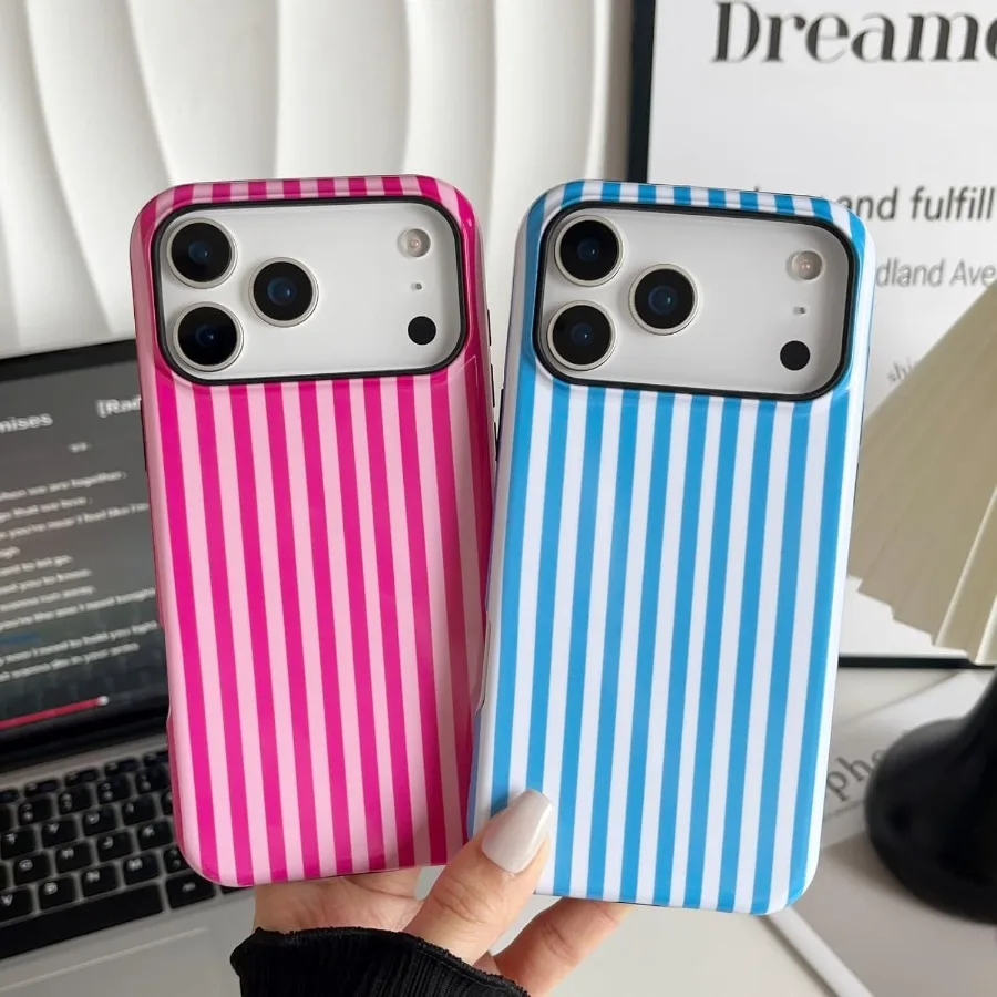 حافظة هاتف مخططة جمالية لطيفة للنساء والفتيات متوافقة مع هاتف iPhone 17 Pro المقاوم للصدمات من مادة TPU وغطاء حماية صلب للكمبيوتر الشخصي