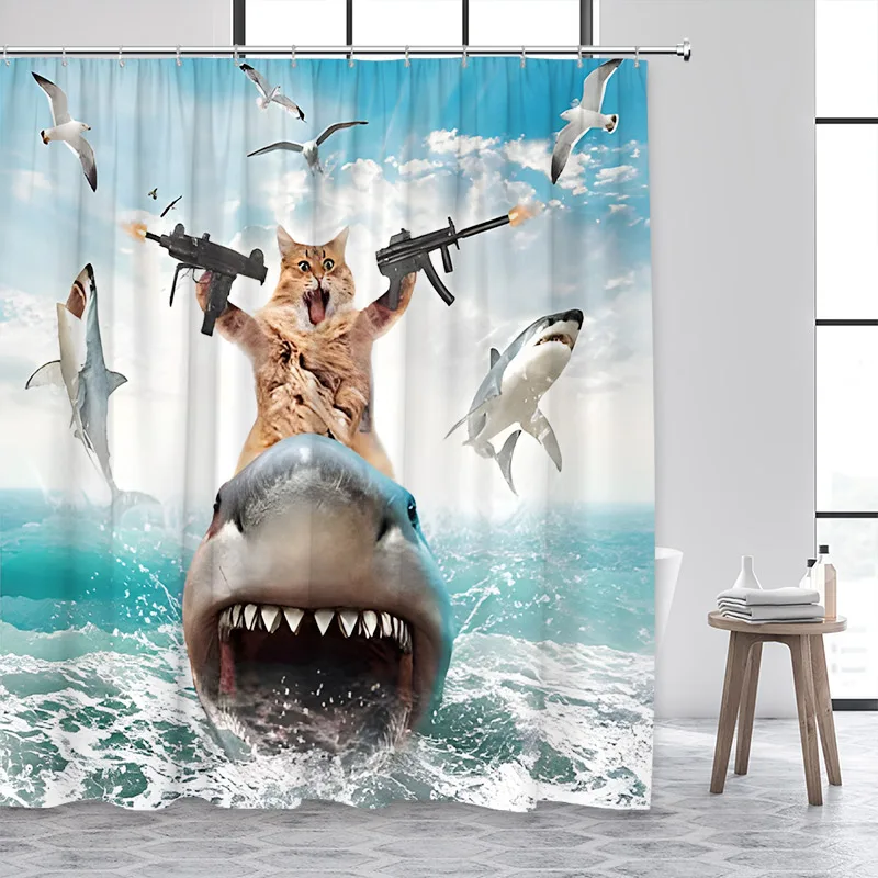 Funny Cat Riding Dinosaur Shower Curtain Cute Animal Surfboard Sea Waves Japanese Landscape Kids Bath Curtains Bathroom Decor view 3