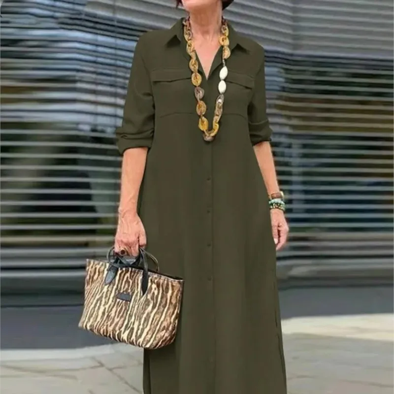 Elegant Women's Khaki Lapel Single Breasted Casual Maxi Dress Spring And Autumn Fashion Long Sleeved Button Pocket Shirt Dresses