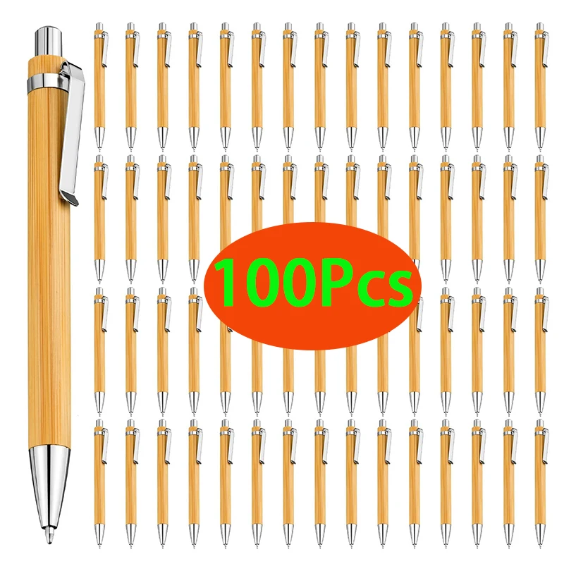 Bamboo Wood Ballpoint Pen, Caneta Esferográfica De Tinta Preta, Dica De Bala, Assinatura Do Negócio, Escritório, Escola, Escrita, Papelaria, 1.0mm, 100Pcs