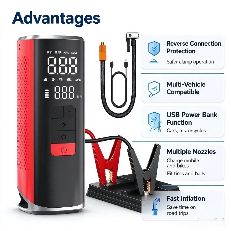 Wireless Car Air Pump & Jump Starter 2 in 1, Auto Emergency Start Power Supply for Car & EV Tire Inflation