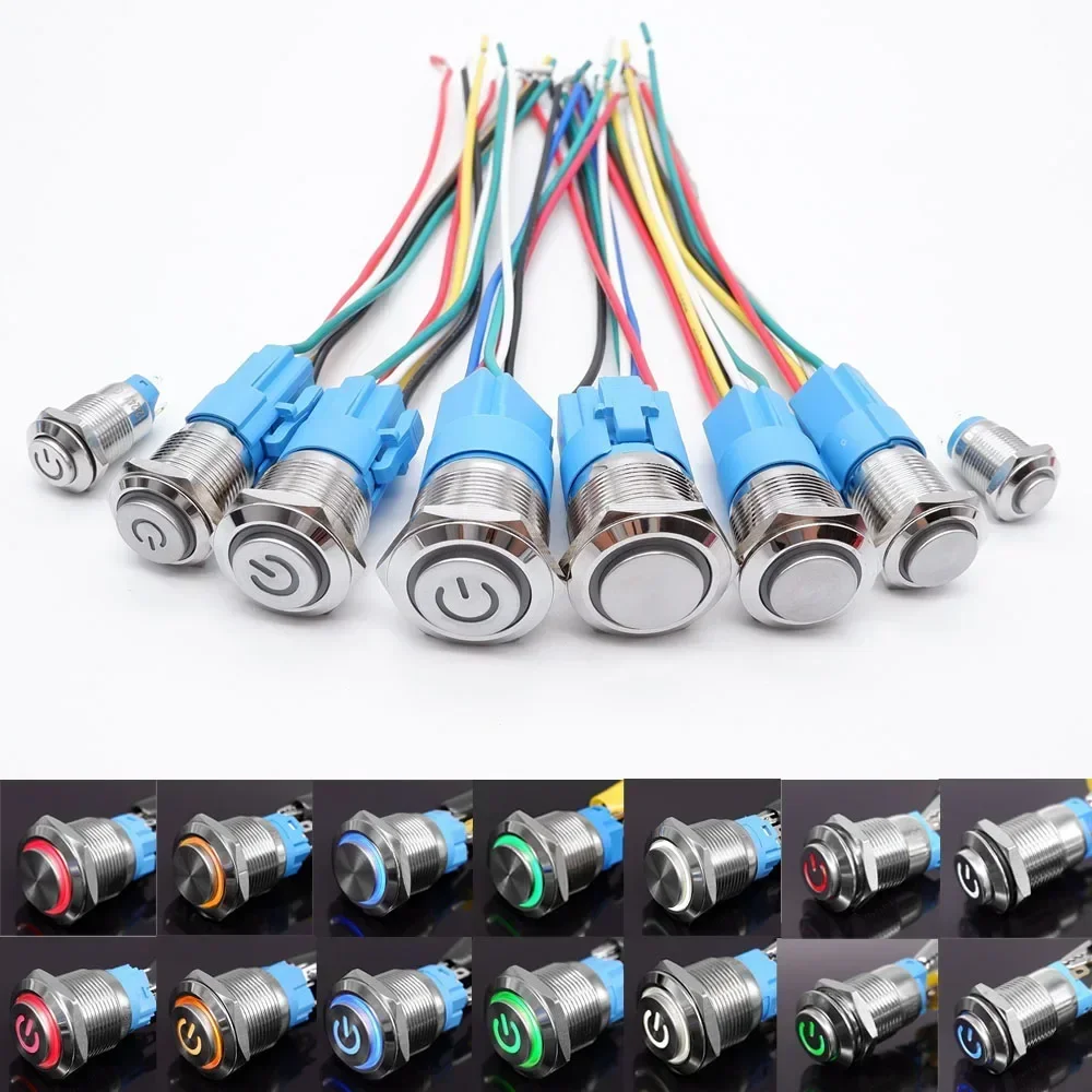 12mm 16mm 19mm 22mm Metal Push Button Switch Waterproof 1NO1NC Start Stop LED Light Red Orange Blue Green White 3v 12v 24v 220v