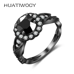 Classic Rings 925 Silver Jewelry with Obsidian Zircon Gemstone Round Shape Finger Ring for Women Wedding Party Gift Accessories