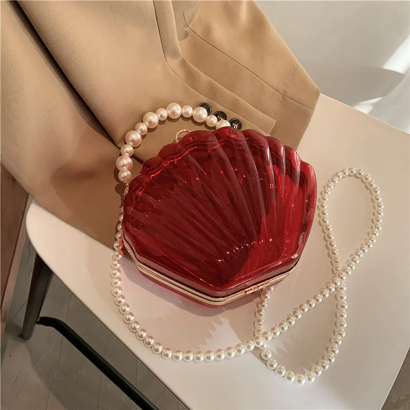 2026 Women Acrylic Shell Clutch Bag Transparent Candy Color Pearl Bead Chain Handbag Clip Frame Evening Party Crossbody Purse view 4