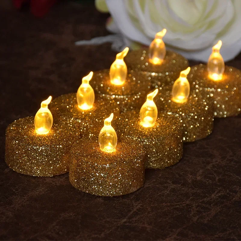 12/3Pcs Gold Powder Candles LED Flash Candles Lights Flameless Glitter Tealight Candles for Birthday Party Wedding Decorations