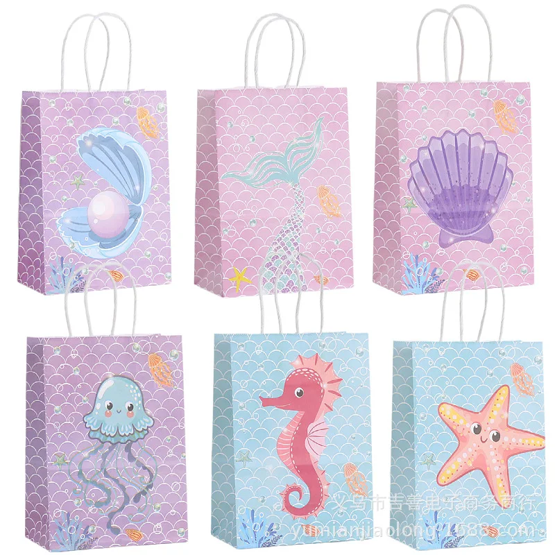 12 Stück rosa Meerjungfrau-Papier-Geschenktüten mit Griff, Süßigkeiten-Kekse-Taschen für Gäste, Babyparty, Geschlecht offenbaren, Geburtstagsparty-Dekoration