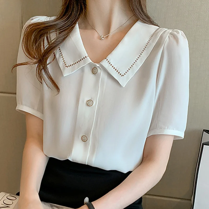 

Белая женская блузка с коротким рукавом, весна-лето, модный дизайн, воротник-стойка, шифоновый топ в корейском стиле, прямой крой, для офиса/повседневной носки