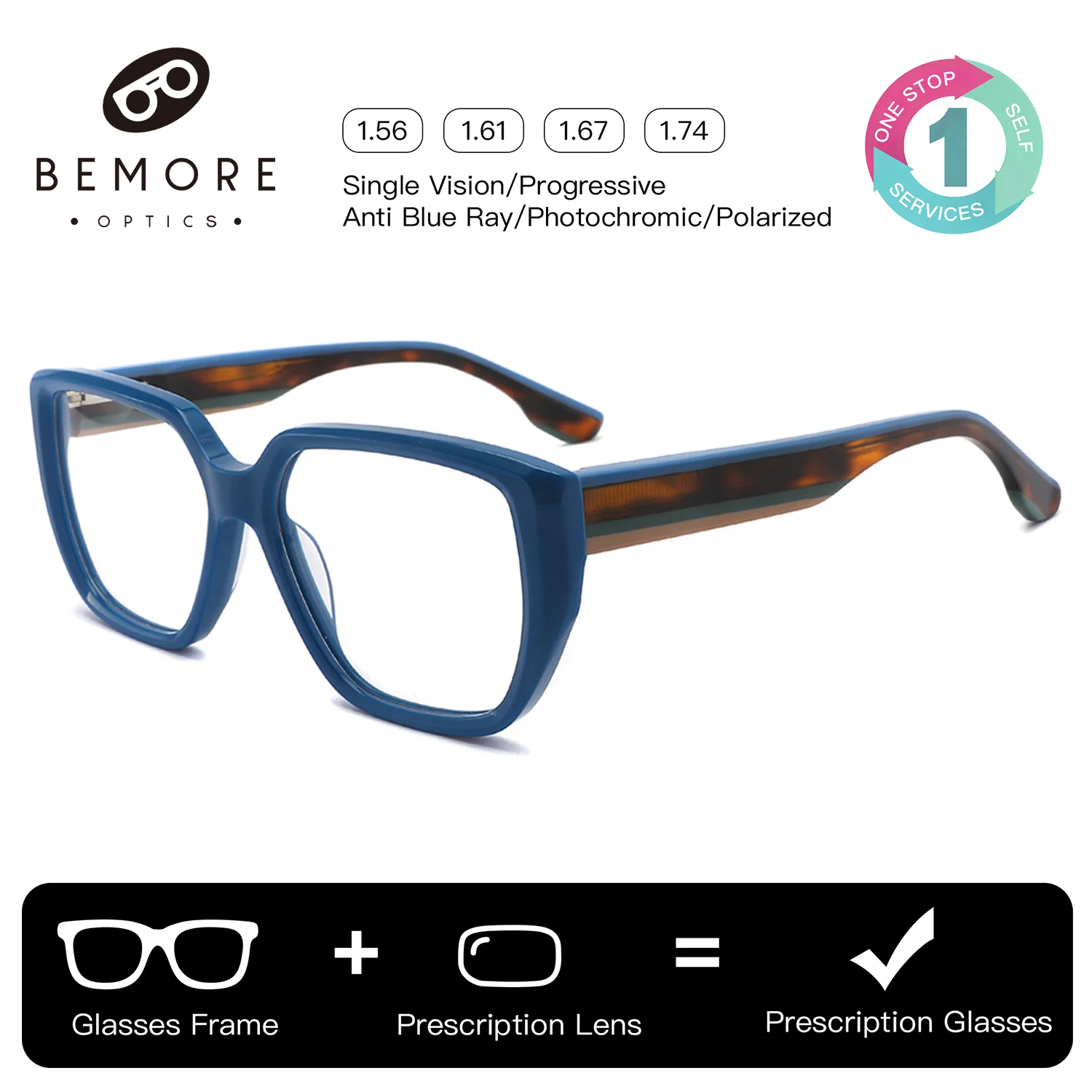 BEMORE Butterfly Acetate Prescription Eyeglass Custom Progressive Photochromic Anti-Blue Light Optical Lenses with Recipe Woman