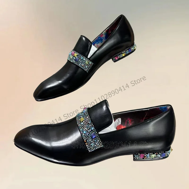 Mocasines coloridos con remaches de diamantes de imitación para hombre, zapatos de vestir con punta cuadrada negra, sin cordones, lujosos, hechos a mano, para fiesta y boda