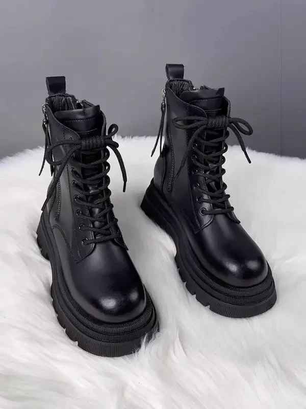 Black Punk Ankle Thick-soled Motorcycle Ankle Boots Women\'s Lace-up Spring Thick Heel Belt Buckle Pocket Designer Chunky Shoes