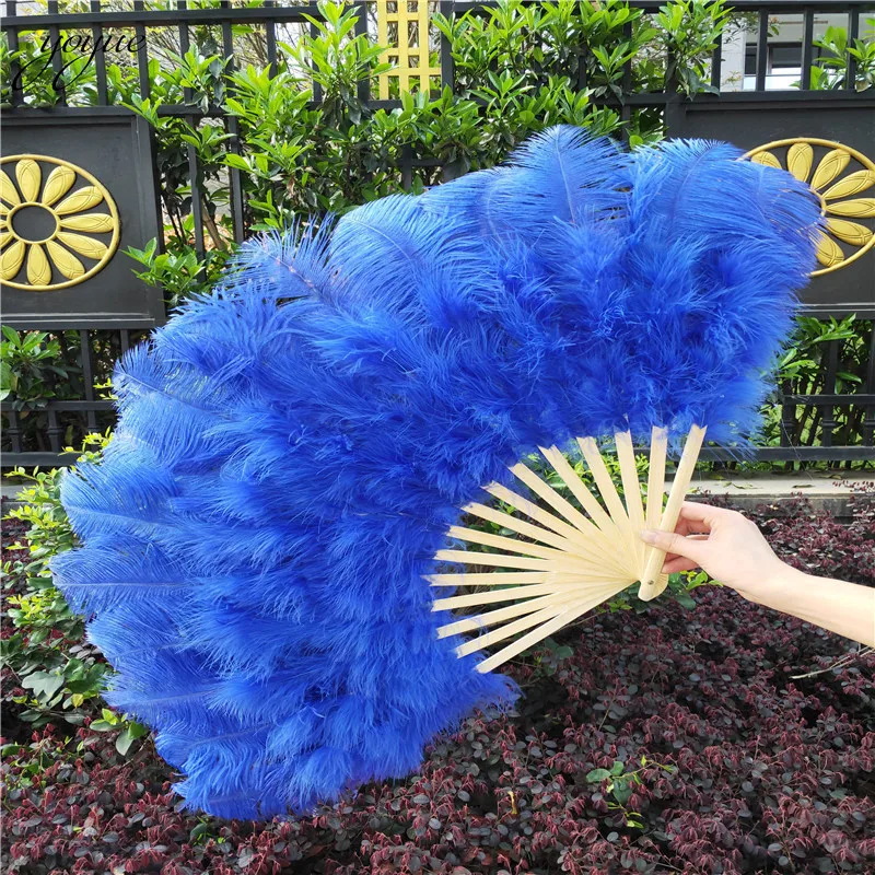 

High Quality 15 Bone Ostrich Feathers Fan Halloween Party Wedding Celebration Belly Dance Show DIY Decorative Blue Feathers Fan