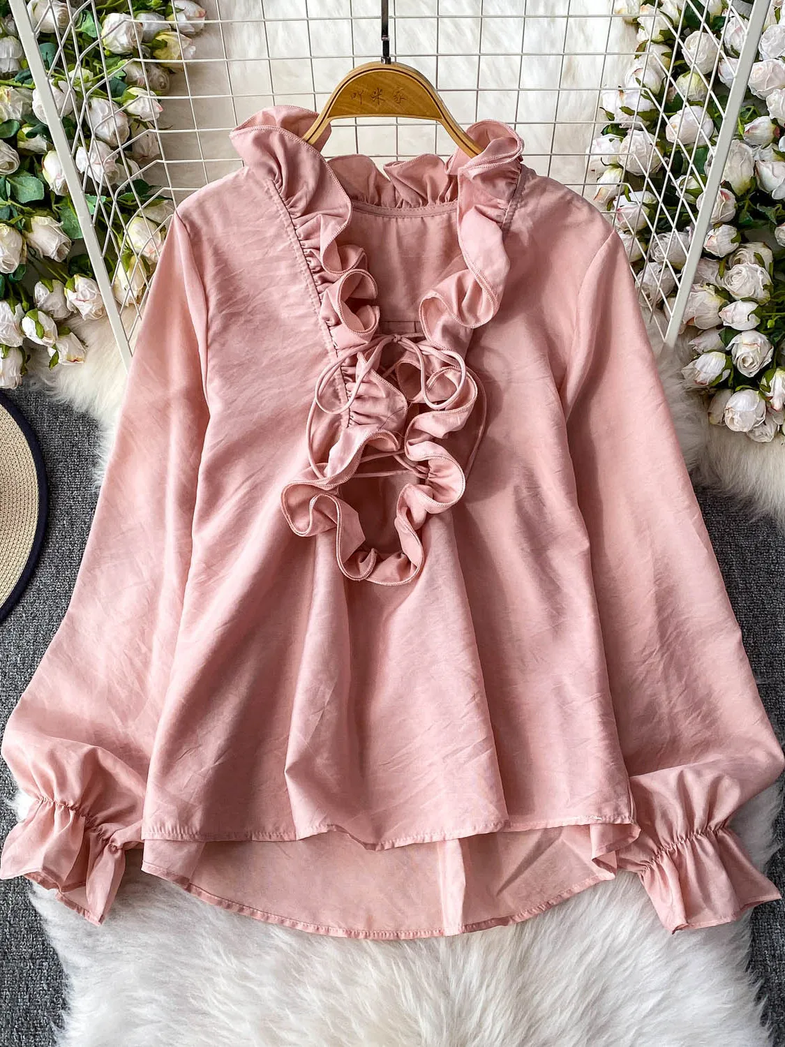 Pure Desire-Cseta Sexy de manga larga con cuello en V y ribete de encaje 3D para mujer, Top de gasa fino y hoado, estilo...