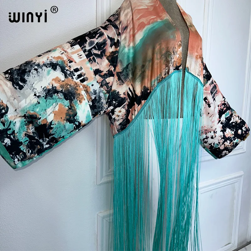 WINYI kimono boho fashion summer beachwear summer Classic print Bikini Cover-up Cardigan sexy Holiday long Sleeve tassels top