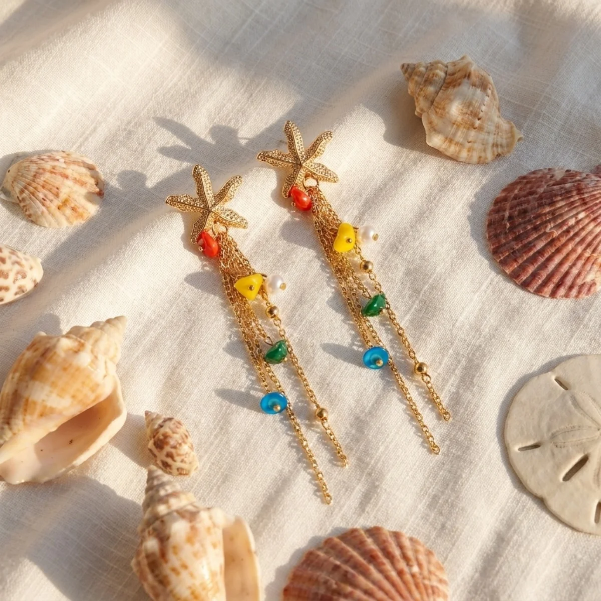 Ozean-Seestern-Ohrringe aus Acryl mit simulierten Perlenketten und Quasten für Damen, Sommer-Muschel-Seepferdchen-Schildkröten-Ohrringe, Schmuck – Detail 29
