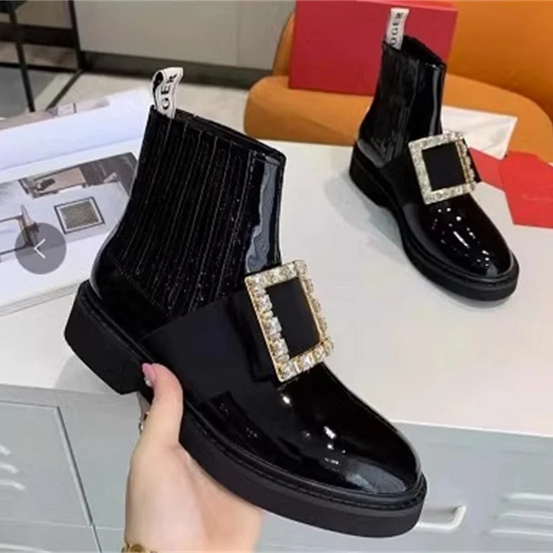 Luxury Brand Design Women\'s Boots with RV Rhinestone Square Buckle Star Same Type Martin Style Chelsea Boots Bota Feminina