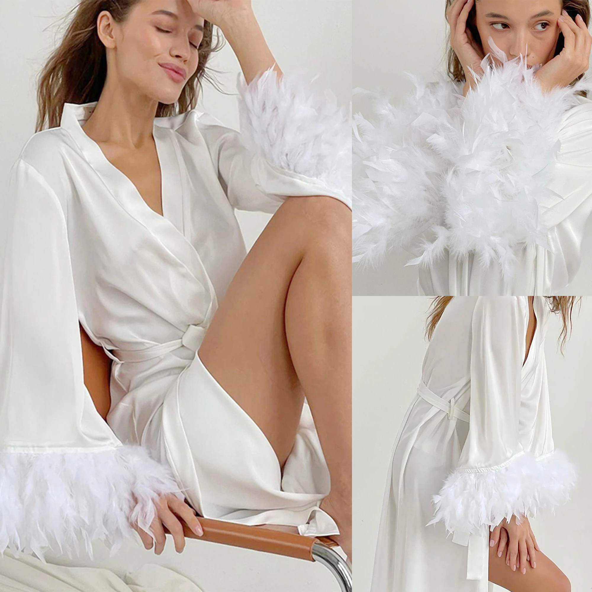 

Bride Wedding Morning Gowns Robe Sets Winter Sleepwear Ceremony White Luxury Feather Nightgowns