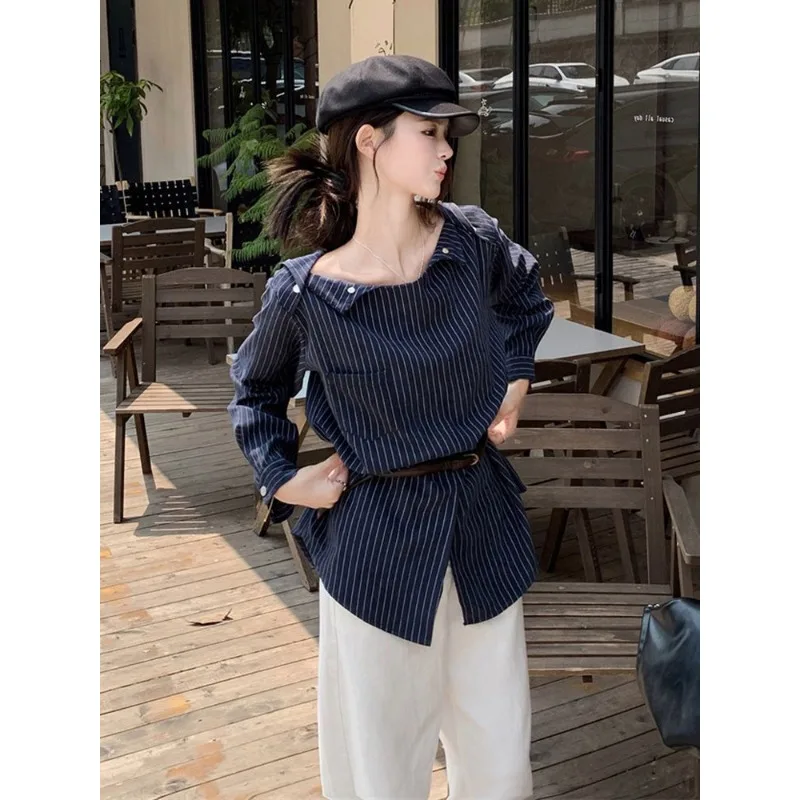 

Женская весенняя свободная блузка с одним открытым плечом и длинными рукавами в полоску во французском стиле JJ18