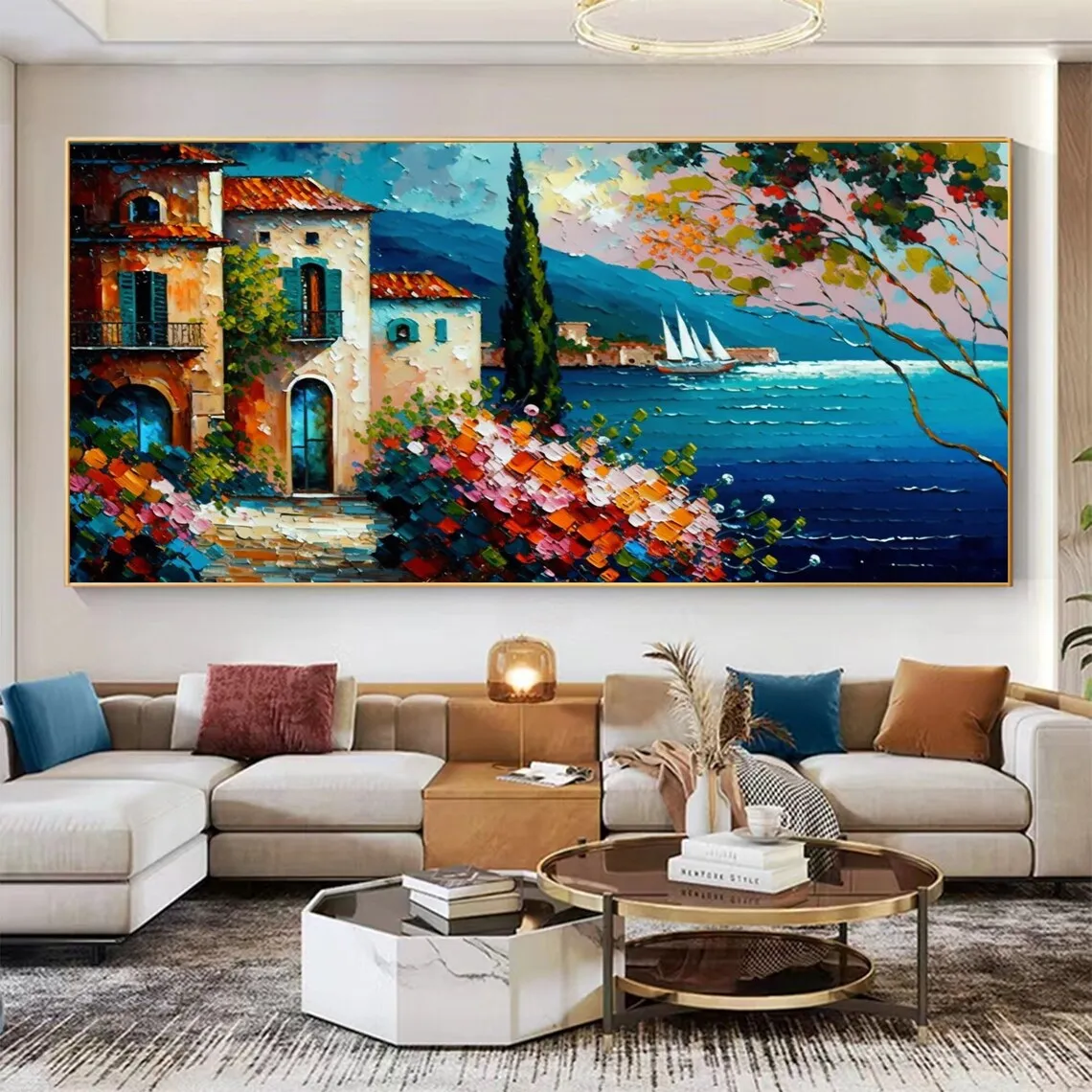 Mediterranean Landscape Custom Oil Painting Hand Painted On Canvas Large Wall Art Abstract Blue Sea Decor Living Room Home Decor