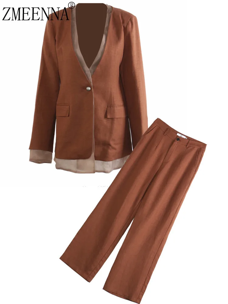 

ZMEENNA женский брючный костюм из двух предметов, пиджак с v-образным вырезом, свободные широкие брюки, повседневный офис, осенний коричневый ZM4339