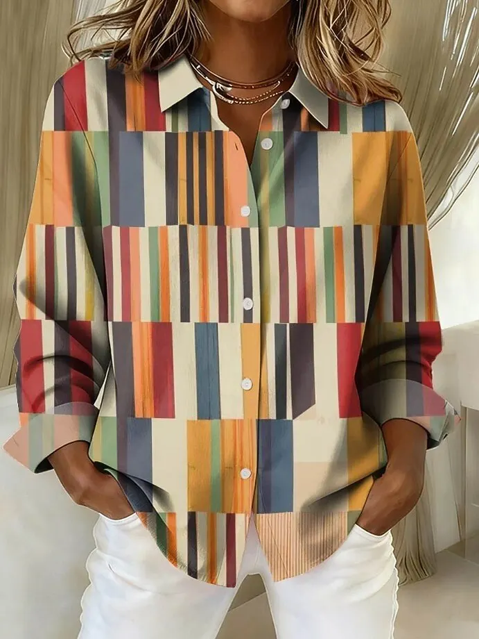 قميص نسائي بأكمام طويلة بطبعة مخططة ومنقوشة، ناعم ومناسب لحفلات العطلات، ملابس يومية غير رسمية.