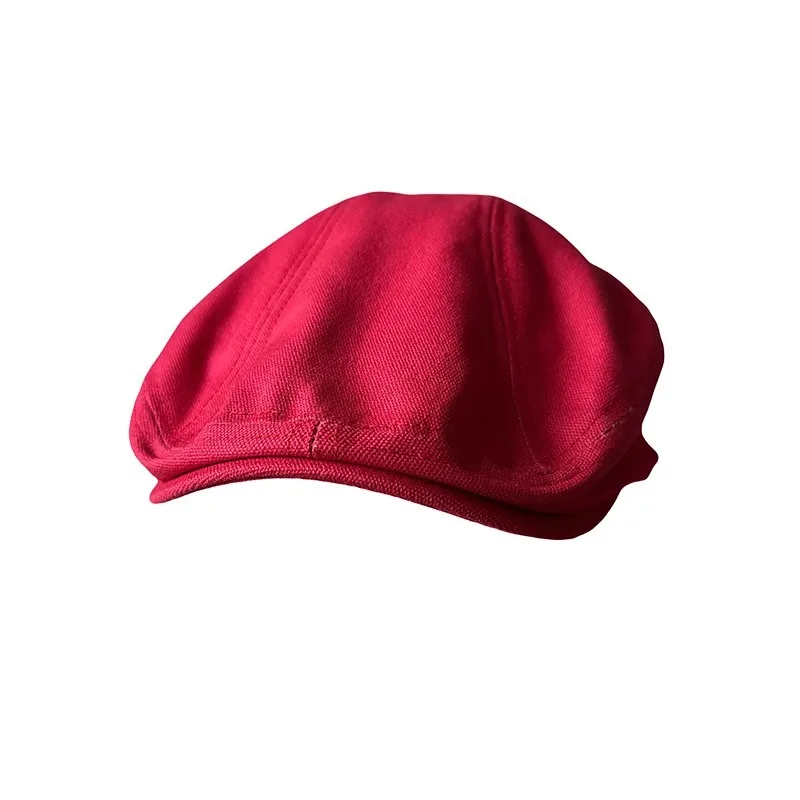 Spring Summer Cotton Twill Cap for Women, British Style Red Flat Peak Hat & Beret, Casual Unisex Adjustable