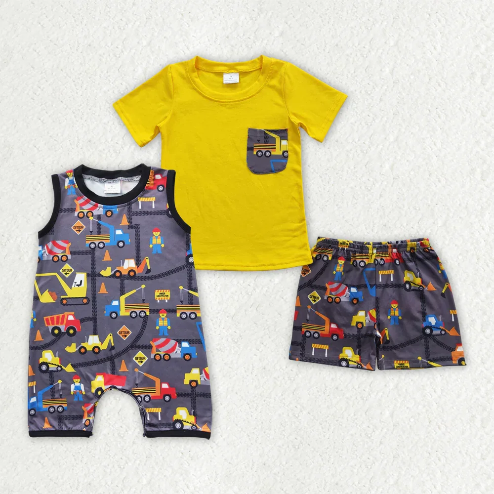 

BSSO0231 Wholesale Summer kids clothes boys sets Vehicle Yellow Pocket Short Sleeve Shorts sets baby boy clothes