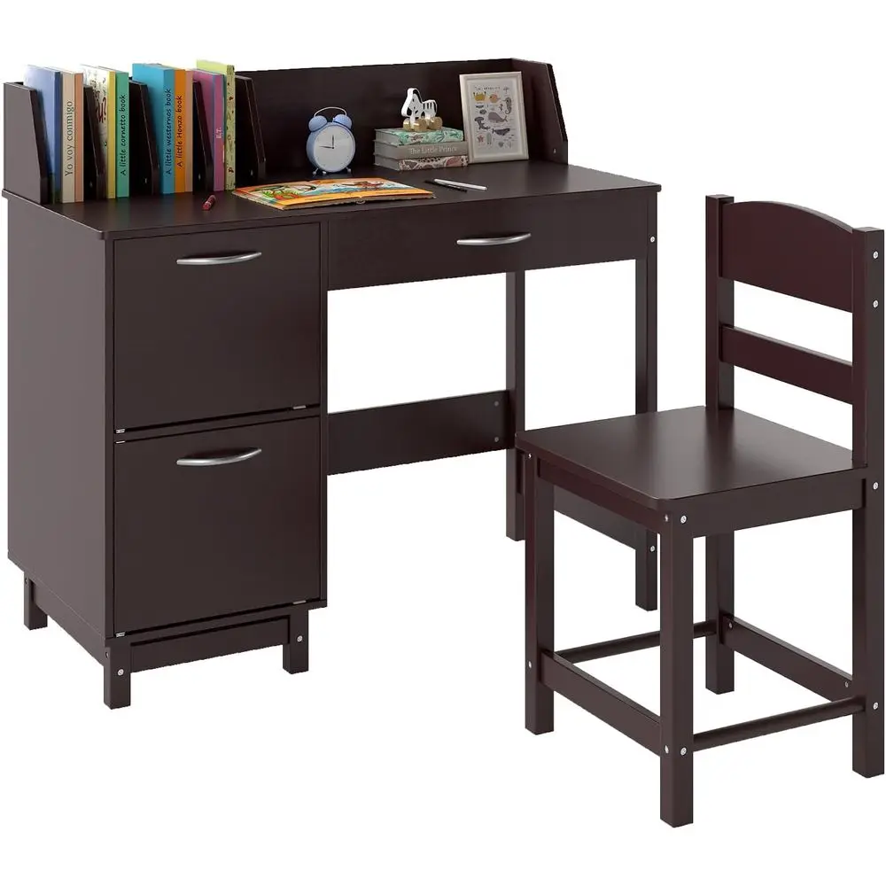 

Kids Desk and Chair Set, Wooden Student Study Desk Set w/Hutch, Storage Der & Cabior 3-8 Years Old Child, Writing Computer Works