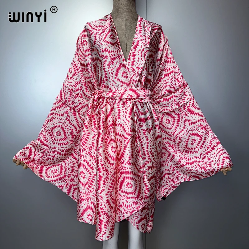 WINYI, trajes de playa tipo kimono con tinte anudado, traje de baño para mujer, cárdigan bohemio, punto, cinturón automático, abrigo estampado de manga larga para vacaciones
